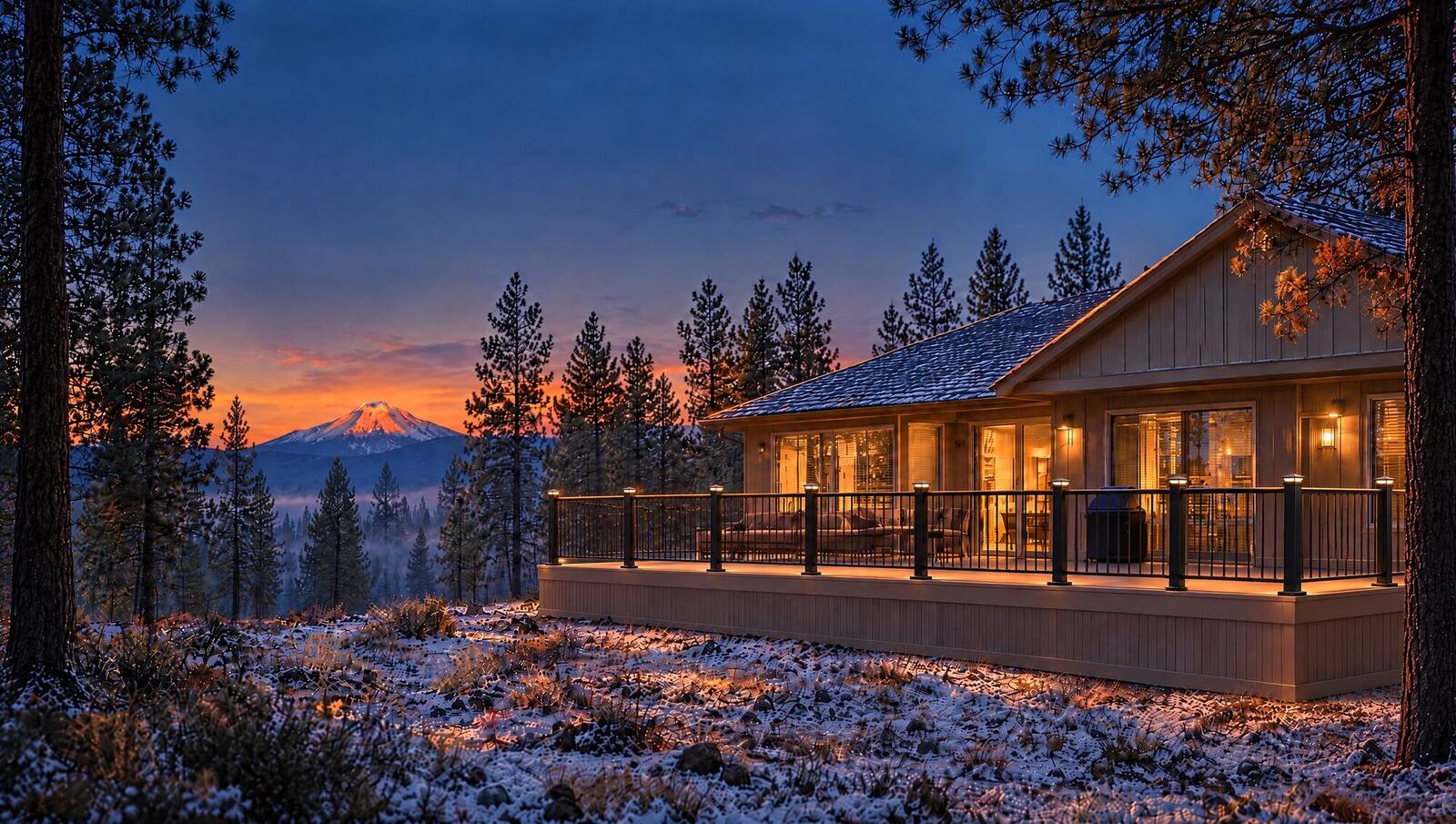 A lit composite deck at blue hour with the Cascades behind