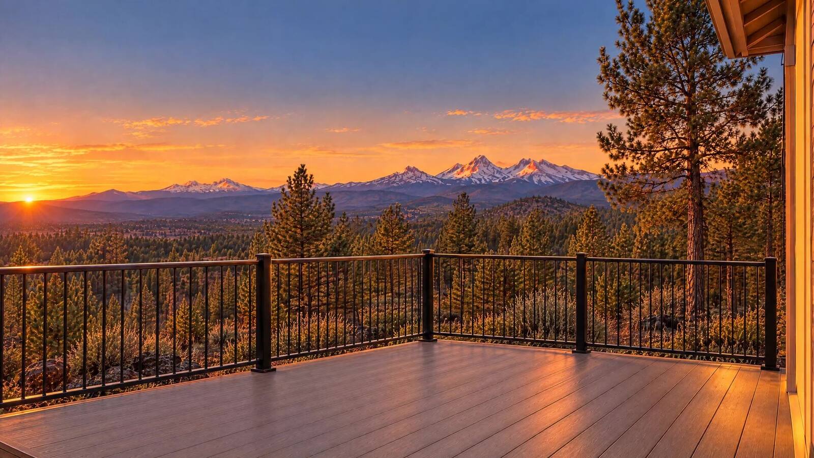 A composite deck with black rail at sunset, looking west to the Three Sisters over ponderosa pines